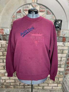 sweatshirt anytime hot stuff pizza maroon blue embroidered 1990s